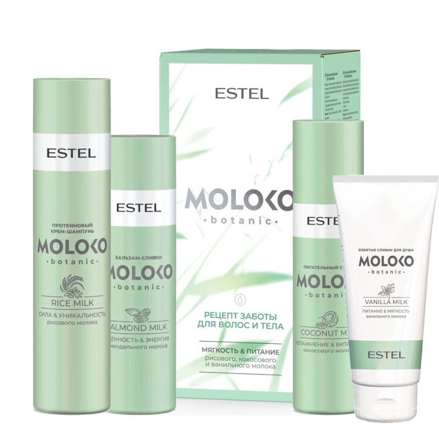 Набор "Рецепт заботы для волос и тела" ESTEL Moloko botanic (шамп 250, бальз 200, спрей , гель д/душ фото 1